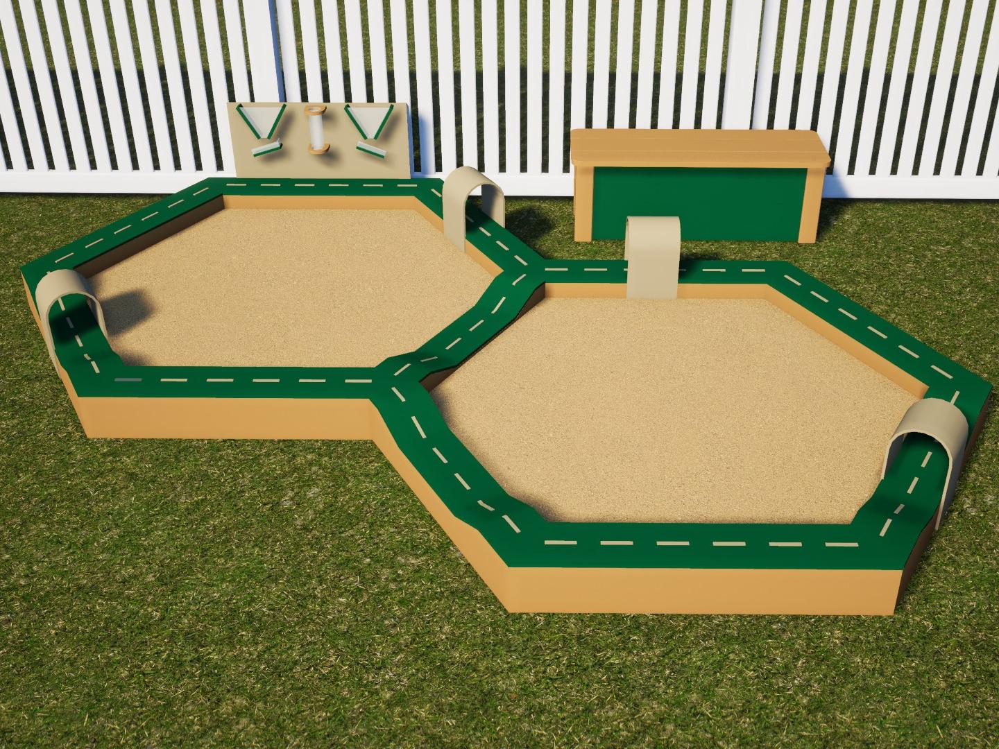 Race around this sandbox and fill-up the dump trucks at the sand wall. This outdoor playground sandbox makes sand play more exciting!