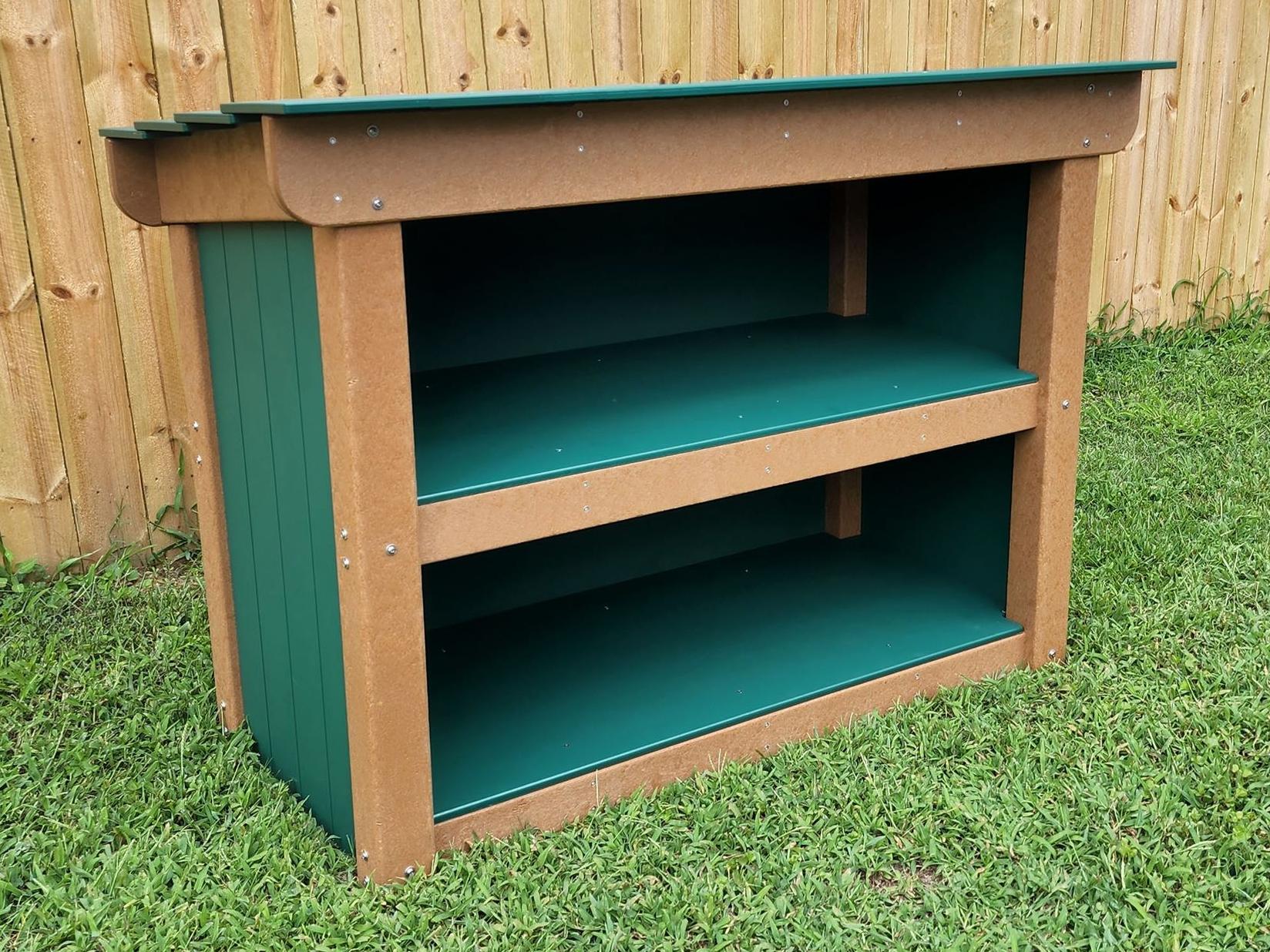 Keep toys close to the playground with this outdoor storage shed.